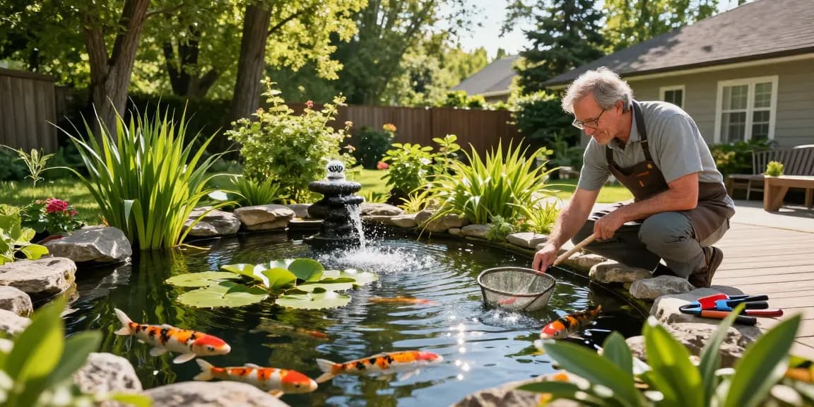 Pond expert near me inspecting vibrant backyard pond with koi fish.