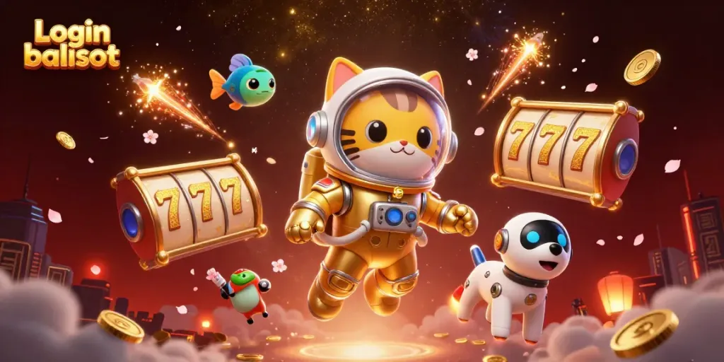 Enjoy thrilling spins with Login balislot as the lucky astronaut cat and companions celebrate winning at a vibrant casino!