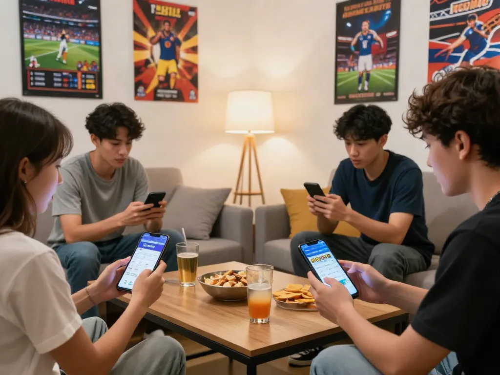 Young adults engaging with the Uk88 app in a cozy living room setting.