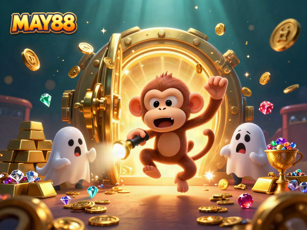 MAY88 showcases a captivating casino scene with a mischievous monkey juggling golden treasures while a curious puppy tracks it.