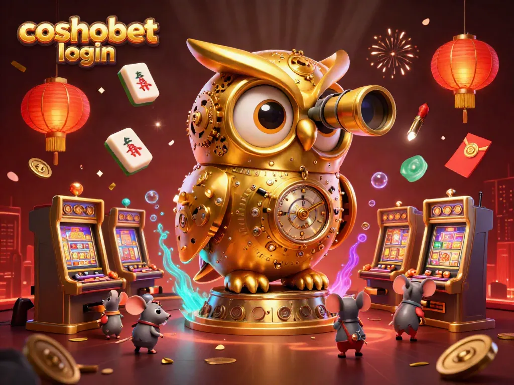 Engage with cosmobet login, featuring a clockwork golden owl and playful mice amidst casino games.