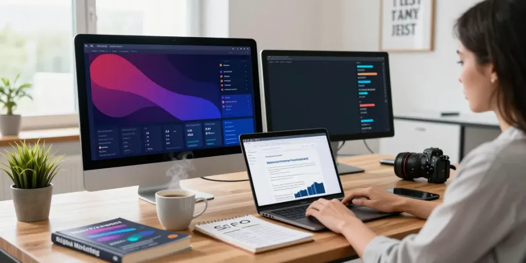 Digital marketer analyzing instant indexing strategies in a modern workspace.