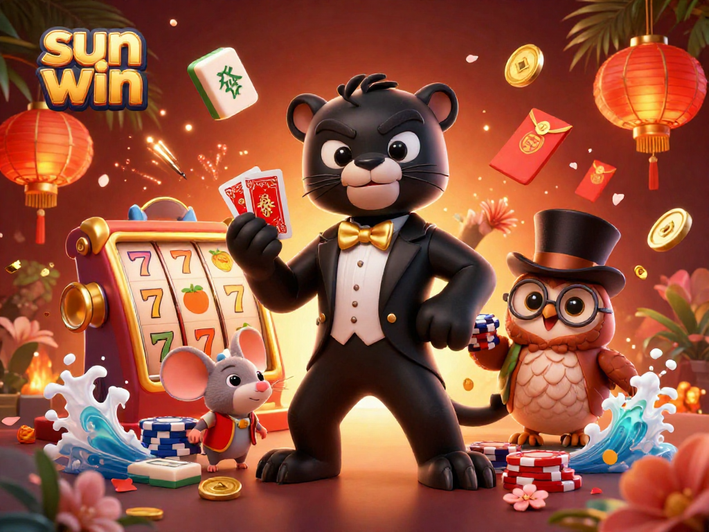 Experience the thrill of sun win with vibrant 3D casino characters in action, showcasing card dealing and poker fun.