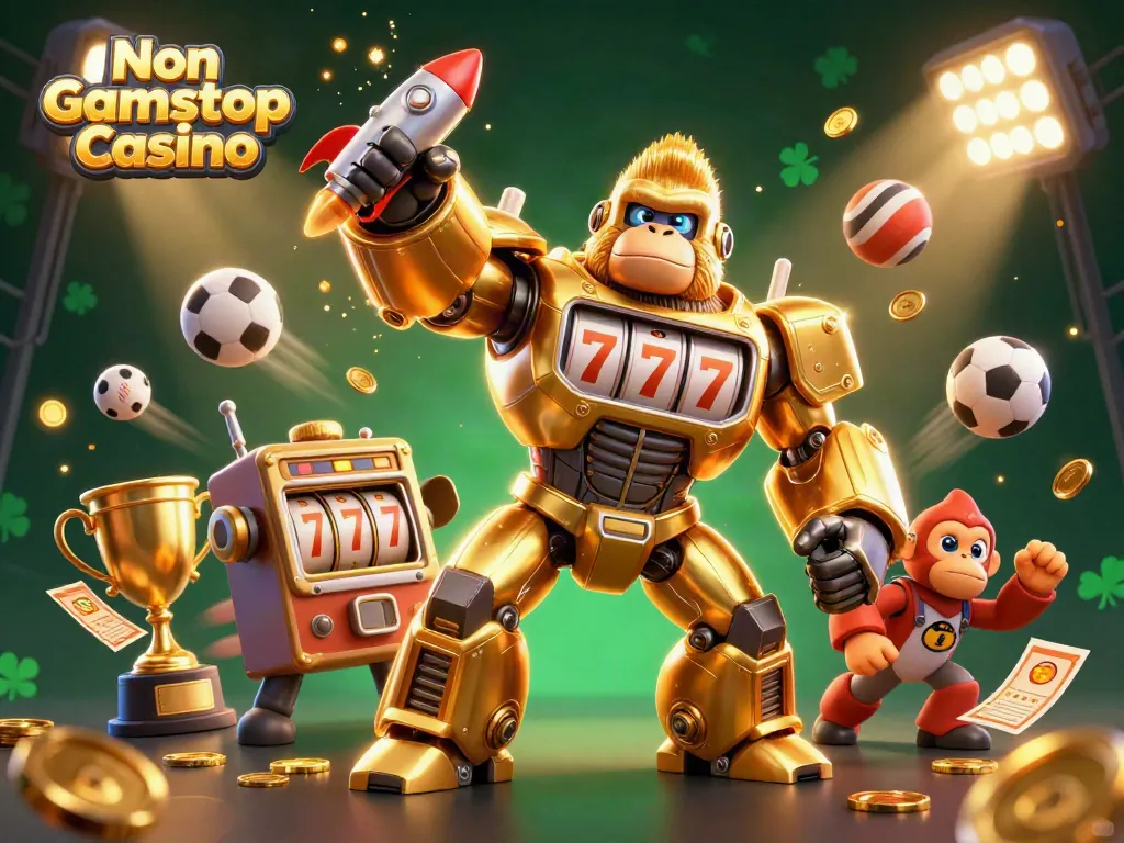 Experience excitement at Non Gamstop Casino with a dynamic scene featuring a golden gorilla mech and sports elements.