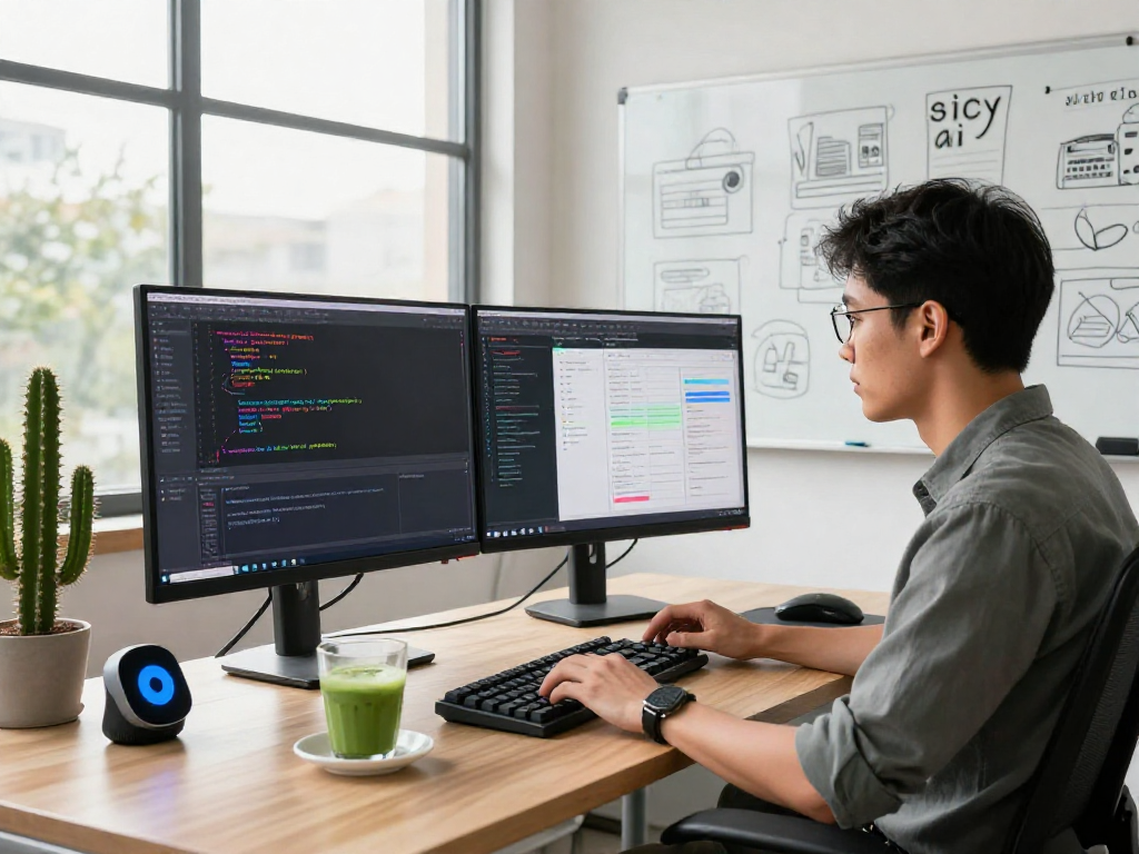Professional workspace with AI developer programming on dual monitors showcasing spicy ai concepts, filled with tech gear and sunlight.