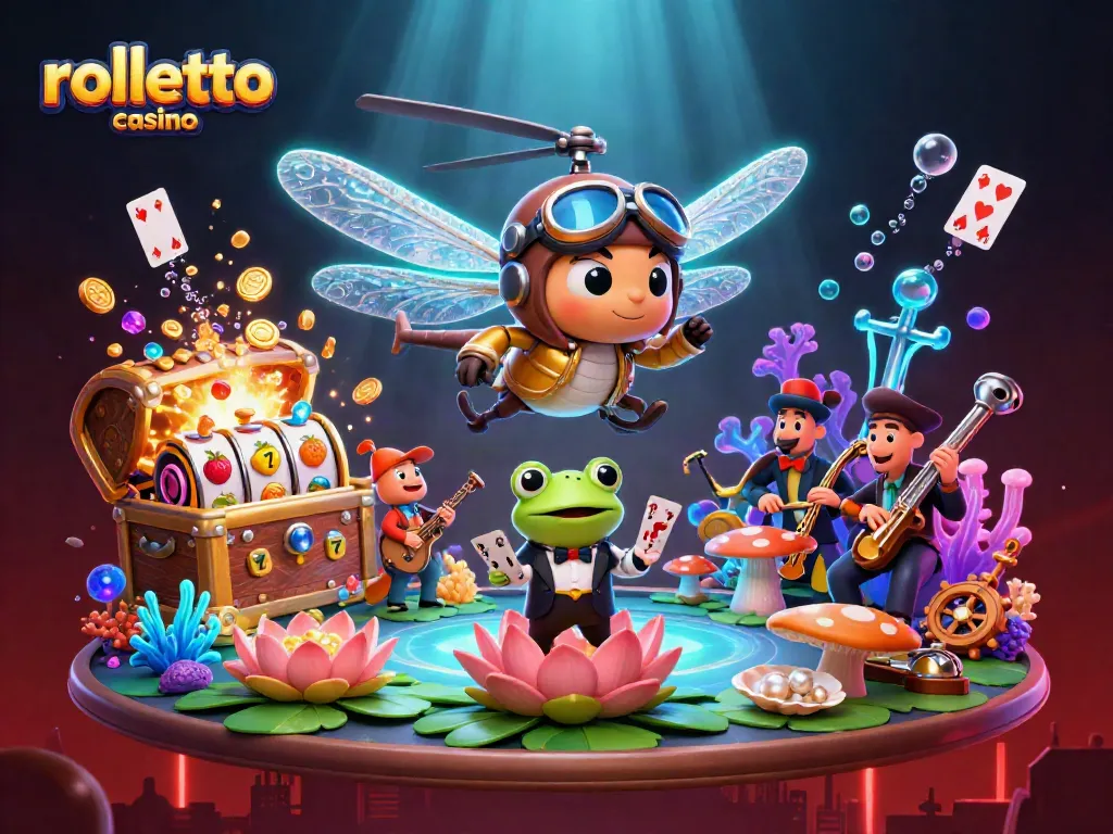 Engage with rolletto casino's vibrant fantasy scene featuring a dragonfly pilot and card-dealing frog.