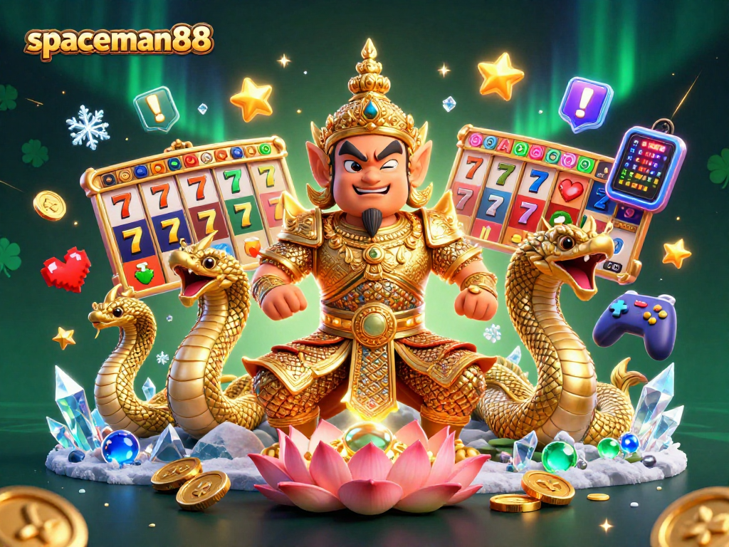 Win big with spaceman88 in this vibrant 3D casino scene showcasing exciting slot elements.