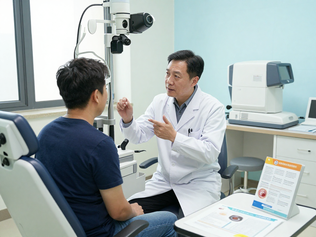 Ocular surface disease treatment consultation in a modern ophthalmology clinic with compassionate doctor and informed patient