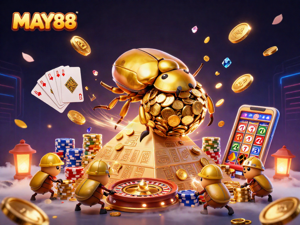 MAY88's thrilling casino experience features a golden beetle amidst sparkling gems and coins.