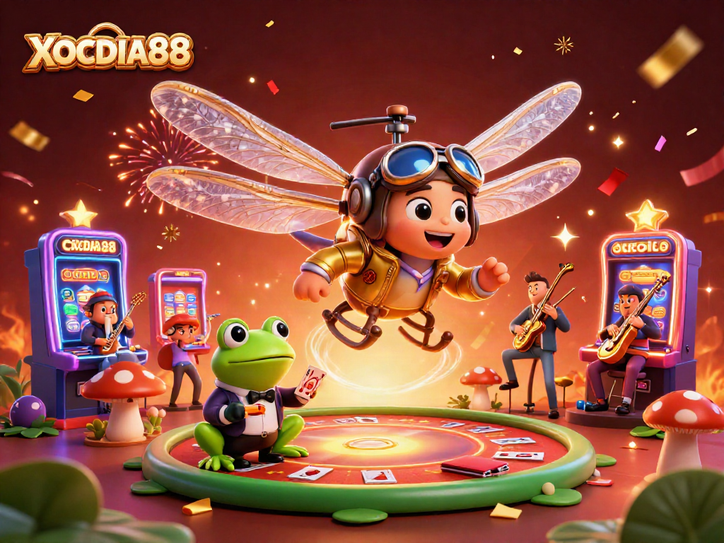 Engage in thrilling gaming at XOCDIA88 with vibrant casino and animated characters.
