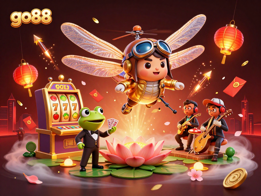 Experience the excitement of go88 with a vibrant 3D casino scene showcasing dragonfly pilot and frog croupier.