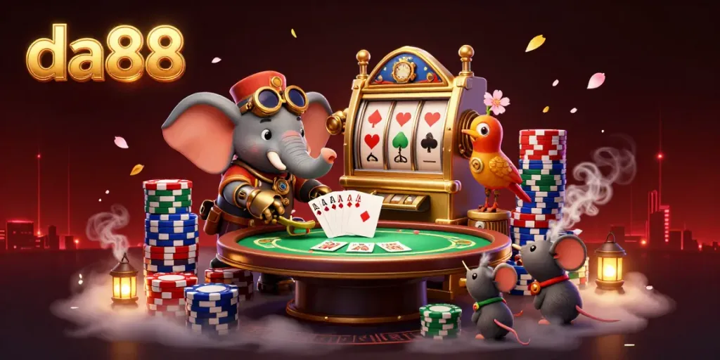 Experience the excitement of da88 with a steampunk elephant engineer operating a golden slot machine, surrounded by colorful poker elements.