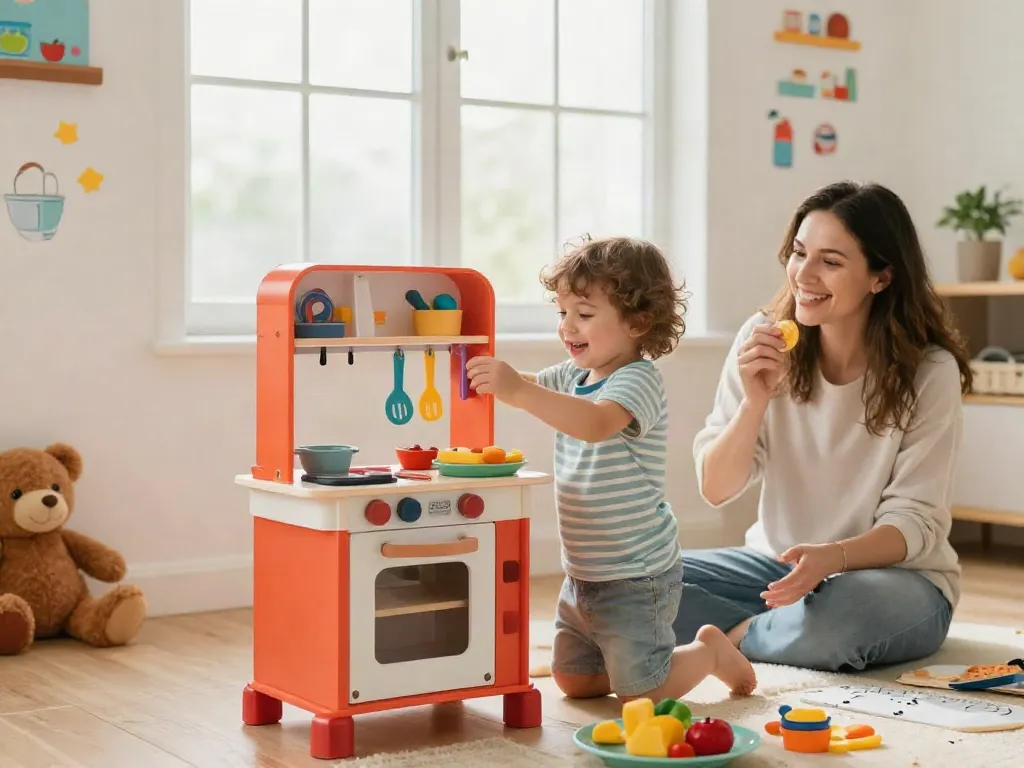 Child joyfully playing with a toy kitchen set surrounded by colourful utensils and engaged in imaginative play.