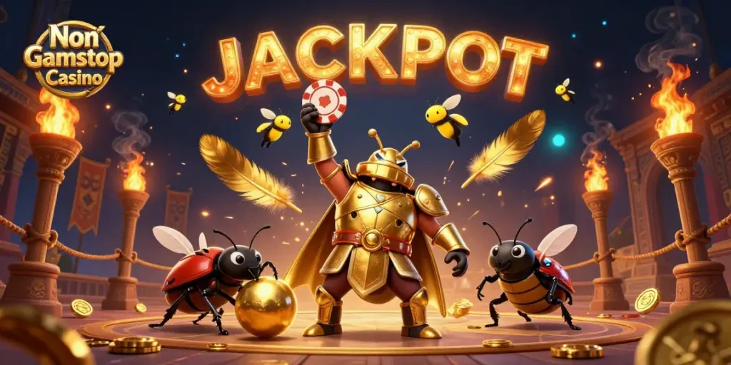 Engaging scene with a Non Gamstop Casino theme featuring a victorious beetle and dynamic game elements.