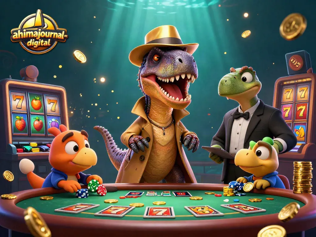 Join the thrilling action with ahimajournal-digital's vibrant 3D casino scene featuring a stealthy velociraptor at a blackjack table.
