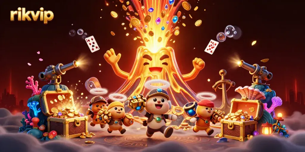 Experience the excitement at rikvip with a 3D volcano erupting treasures amidst playful creatures and dynamic casino elements.