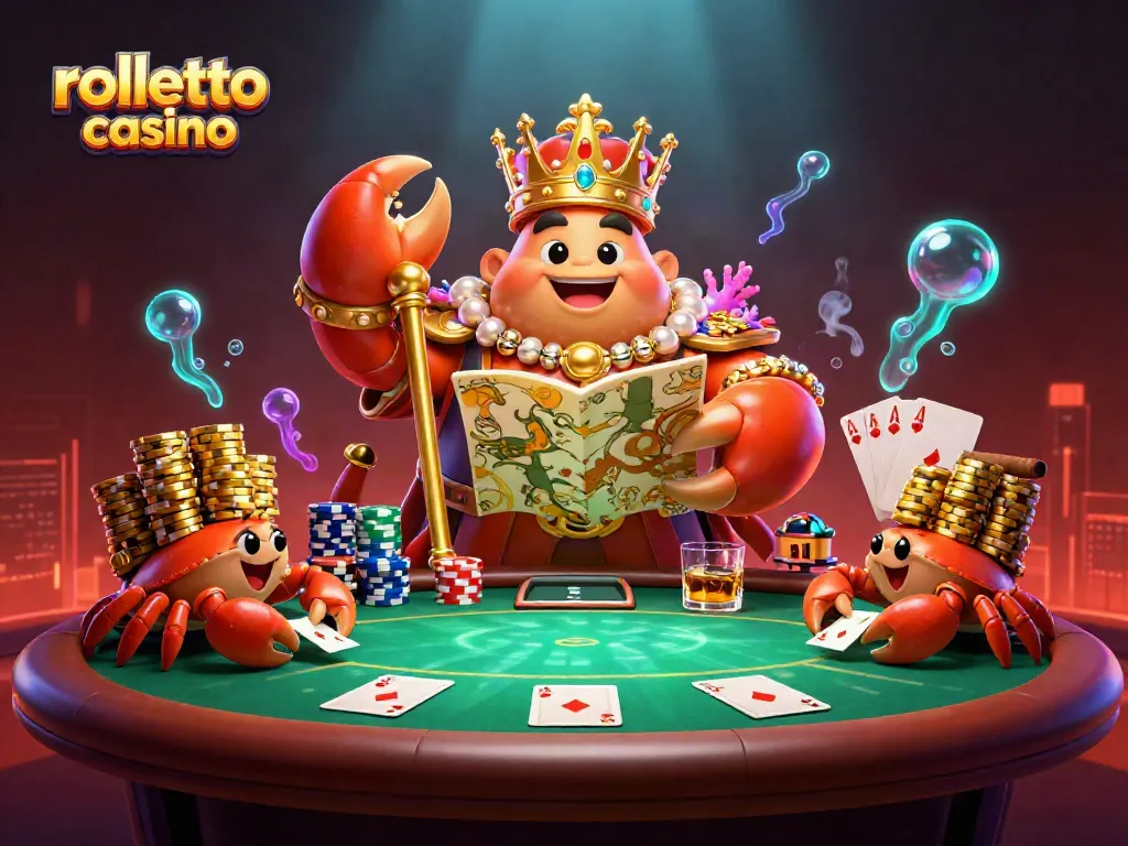 Experience the thrill of rolletto casino with vibrant gaming elements and a majestic crab emperor.
