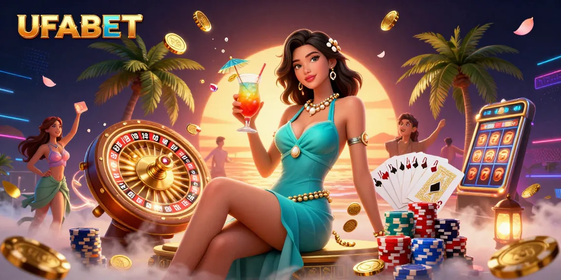UFABET ambiance with a glamorous Asian woman celebrating amid cascading coins and vibrant casino elements