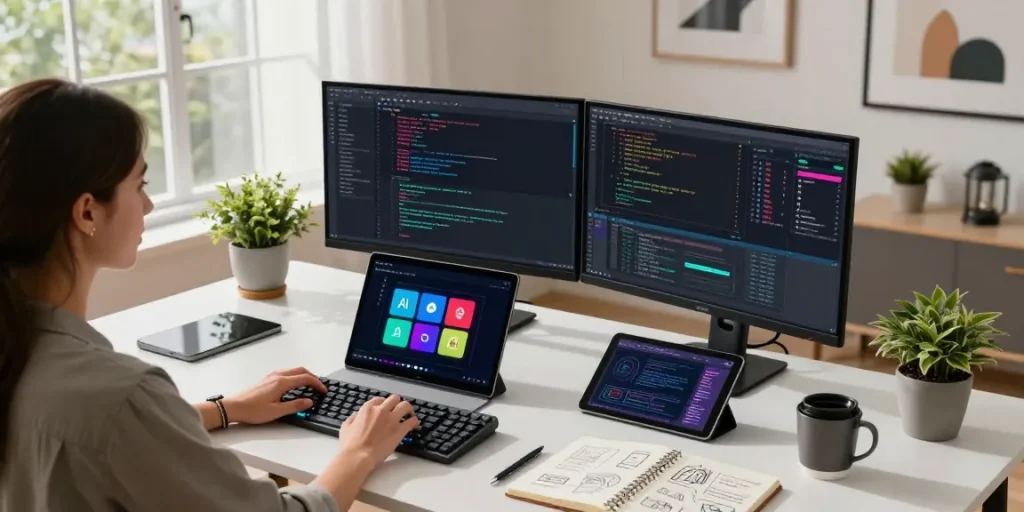 Developer using an AI assistant in a modern tech workspace with dual monitors and coding visualizations.