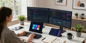 Developer using an AI assistant in a modern tech workspace with dual monitors and coding visualizations.