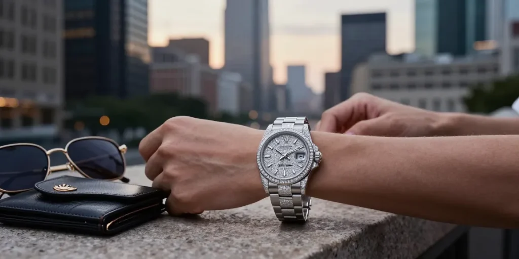 Close-up of a rolex super clone watch showcasing luxury in an urban setting.