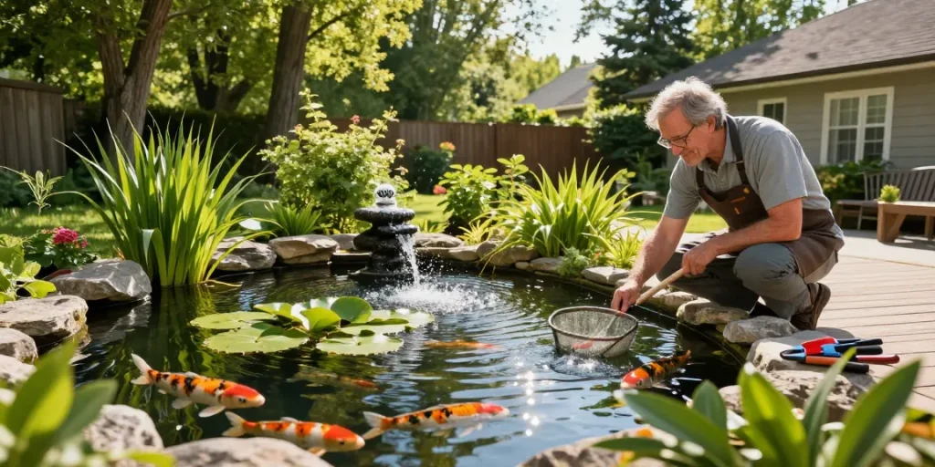 Pond expert near me inspecting vibrant backyard pond with koi fish.