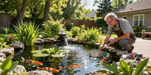 Pond expert near me inspecting vibrant backyard pond with koi fish.