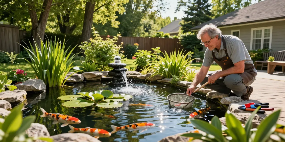 Pond expert near me inspecting vibrant backyard pond with koi fish.