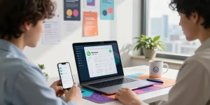 Engaged professional exploring WhatsApp下載 features in modern tech workspace.