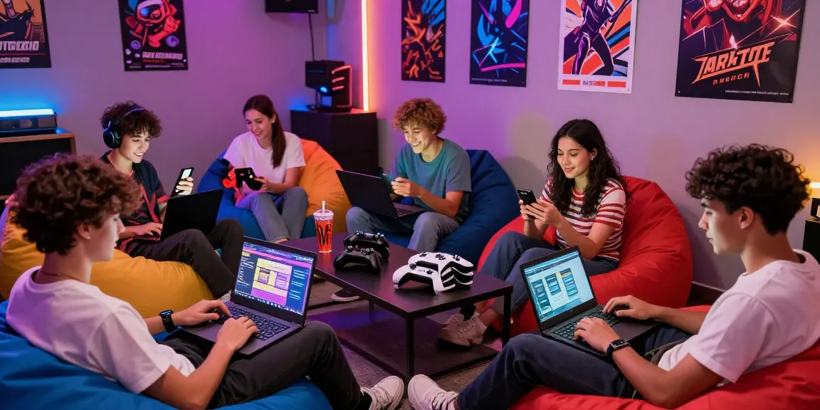 Group of friends playing html ecchi games in vibrant gaming lounge.