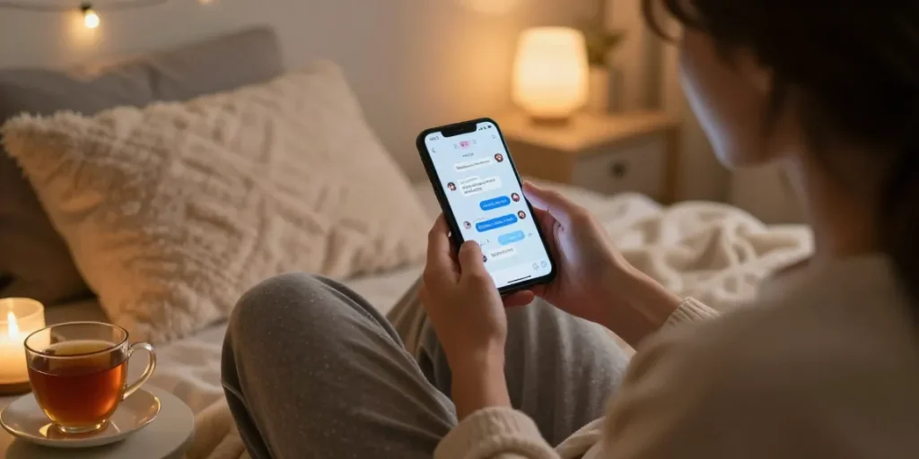 Engaging ai sexting experience in a cozy bedroom setting with playful chat messages on smartphone