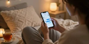 Engaging ai sexting experience in a cozy bedroom setting with playful chat messages on smartphone