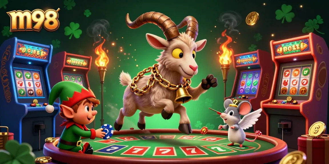 Experience the excitement of m98 casino adventure with festive characters and colorful gaming elements.