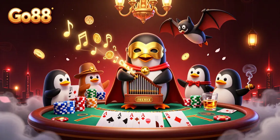 Go88 players dive into action with a vibrant poker scene featuring an acrobatic bat and a golden penguin.