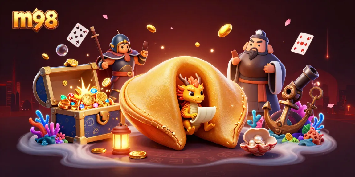 Engage with m98's vibrant casino adventure featuring a golden fortune cookie and treasure elements.
