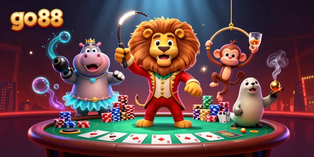 Engage with go 88 at this vibrant circus-themed casino illustration featuring dazzling characters and exciting game elements.