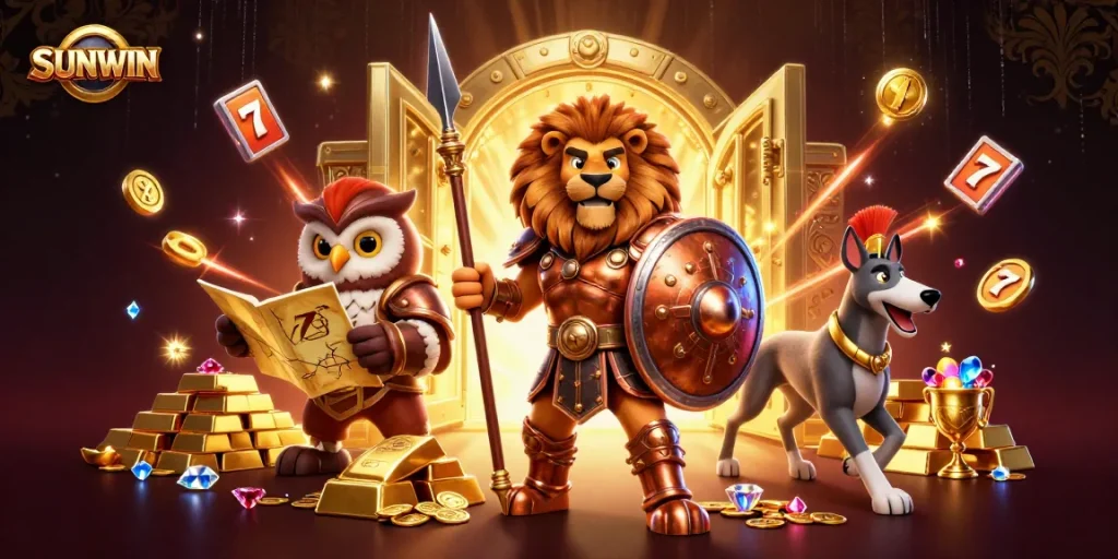 SUNWIN illuminates a thrilling casino scene with a Spartan lion, owl strategist, and greyhound amidst slot reels and treasure