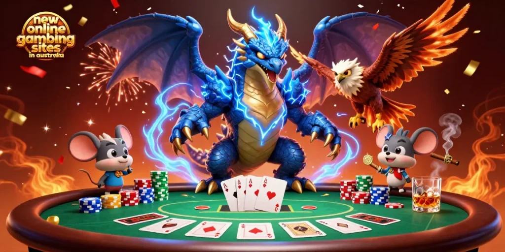Engage in exciting action at new online gambling sites in australia surrounded by energetic characters and vibrant poker elements.