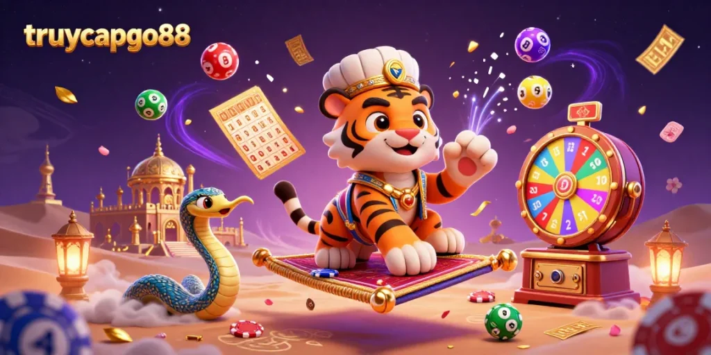 Compete for prizes in the vibrant world of truycapgo88 with colorful lottery balls and casino elements.