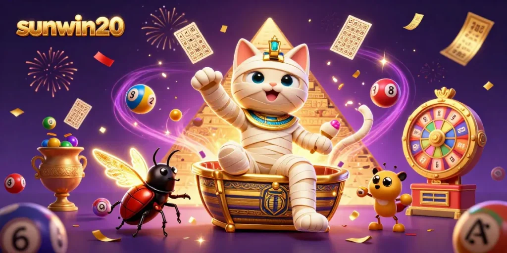 Experience the excitement of sunwin20 with a lively pyramid casino scene featuring an Egyptian mummy cat.