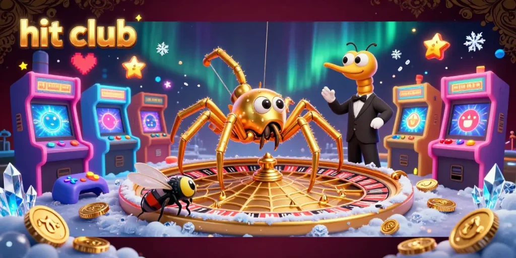 Hit club features a dynamic 3D illustration of a spider and centipede creating a roulette web, perfect for gaming.