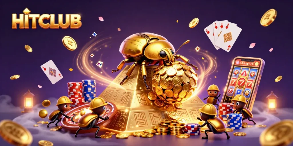 Experience excitement at HITCLUB as a golden beetle conquers a casino pyramid surrounded by sparkling treasures.