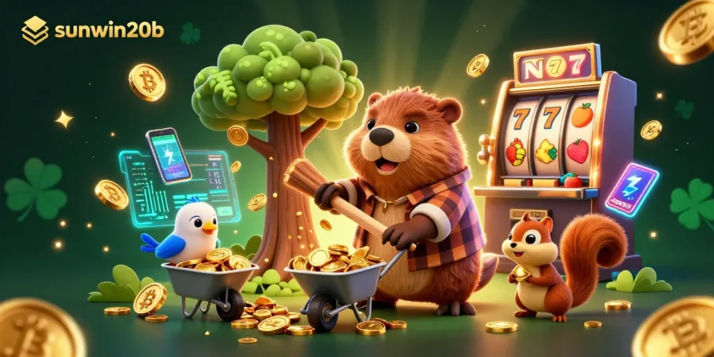 Spin and win with sunwin20b in a vibrant casino-inspired scene featuring cartoon characters and gold coins.